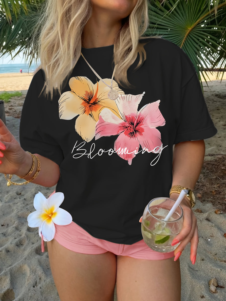 Short-Sleeved Round-Neck T-Shirt with a Vibrant Floral Print - Black