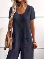 Women's Fashion Casual Waffle Button-Up Short Sleeve Jumpsuit with Dual Pockets - Navy Color