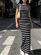 Summer Fashion Striped Slim Short-Sleeved Hip-Wrap Long Dress, Comfortable Elasticity, Suitable for Daily Outings, Dating, Commuting, Leisure Vacations, Home Leisure And Other Scenarios - Mixed colors