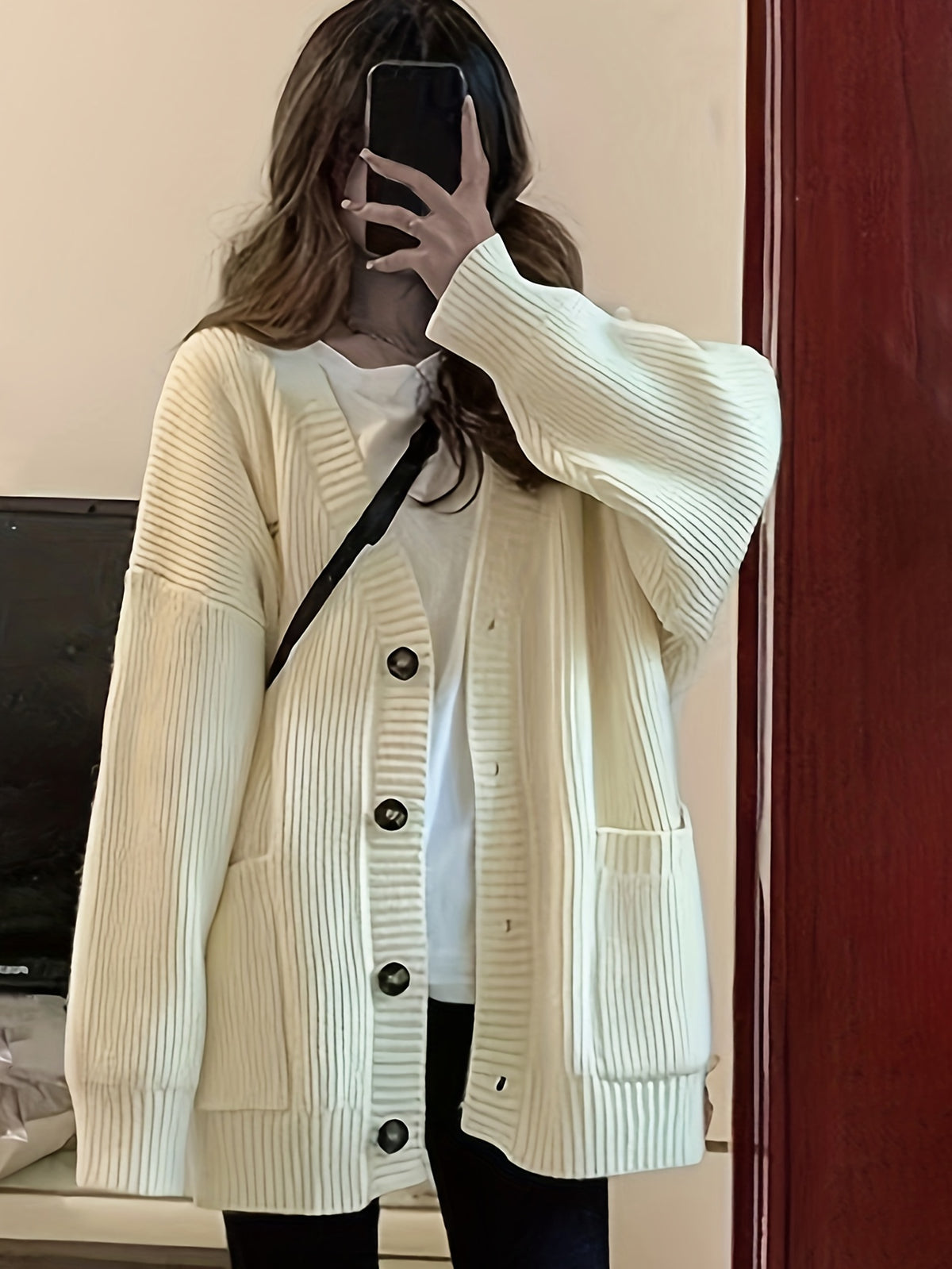 Casual V-Neck Single-Button Sweater Women'S Autumn Winter Cardigan - Off-white