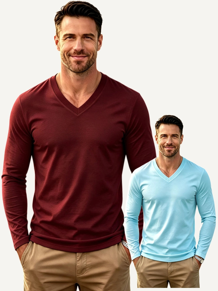 100%, 2pcs Men'S V-Neck Long Sleeve T-Shirts, Men'S Knit Sweatshirts, Casual Athletic Ribbed Neck Tops - Wine Red+Sky Blue