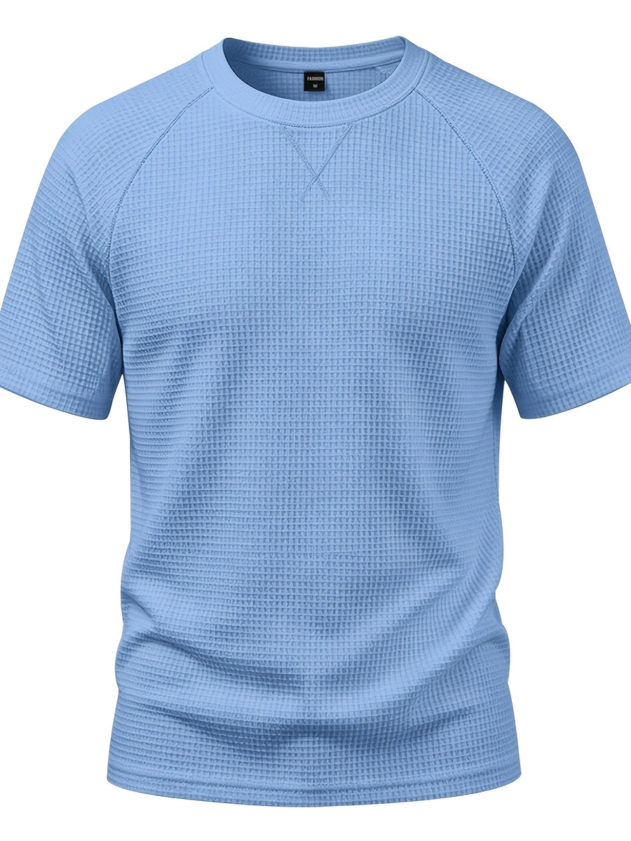 Men's Lightweight Waffle Knit Short Sleeve Shirt, Casual Crew Neck Textured T Shirt with Relaxed Fit Design, Breathable Comfortable Summer Pullover Top for Beach Vacation, Travel, Camping, Outdoor Sports and Casual Attire - Light Blue