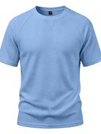 Men's Lightweight Waffle Knit Short Sleeve Shirt, Casual Crew Neck Textured T Shirt with Relaxed Fit Design, Breathable Comfortable Summer Pullover Top for Beach Vacation, Travel, Camping, Outdoor Sports and Casual Attire - Light Blue