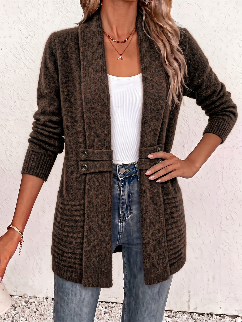 Beautiful Women's Spring/autumn Casual Double-breasted Decorative Belt Cardigan, Shawl and Cinched-waist Design, Versatile Mid-length Open-front Sweater in a Relaxed Style, Elegant and Fashionable Loose Outerwear, Perfect for Daily Commutes or Casual - Coffee Color