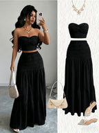 Women'S Jacquard Twisted Short Top And Loose Skirt Set, Elegant Fashion, Suitable for Birthday, Date, Party, Formal Occasions, Music Festival, Valentine'S Day, Easter, Labor Day, Back to Party, Singles' Day, Spring And Summer Wear - Black