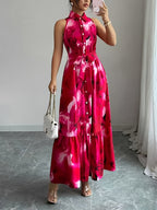 Women's Elegant A-Line Bridesmaid Dress with Collar & Button Belt Waist - Tailored Cinched Waist Long Length Dress Suitable for Weddings, Proms, Formal Events, Machine Washable Wedding Dress - Red