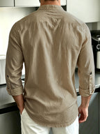 [Know And Give OBM] Men'S Solid Color Stand-Collar Linen Long Sleeve Shirt, Semi-Open Front Design, Roll-Up Sleeve Style | Casual Commute, Short Vacation, Leisure Gatherings | Men'S Versatile Top - Khaki