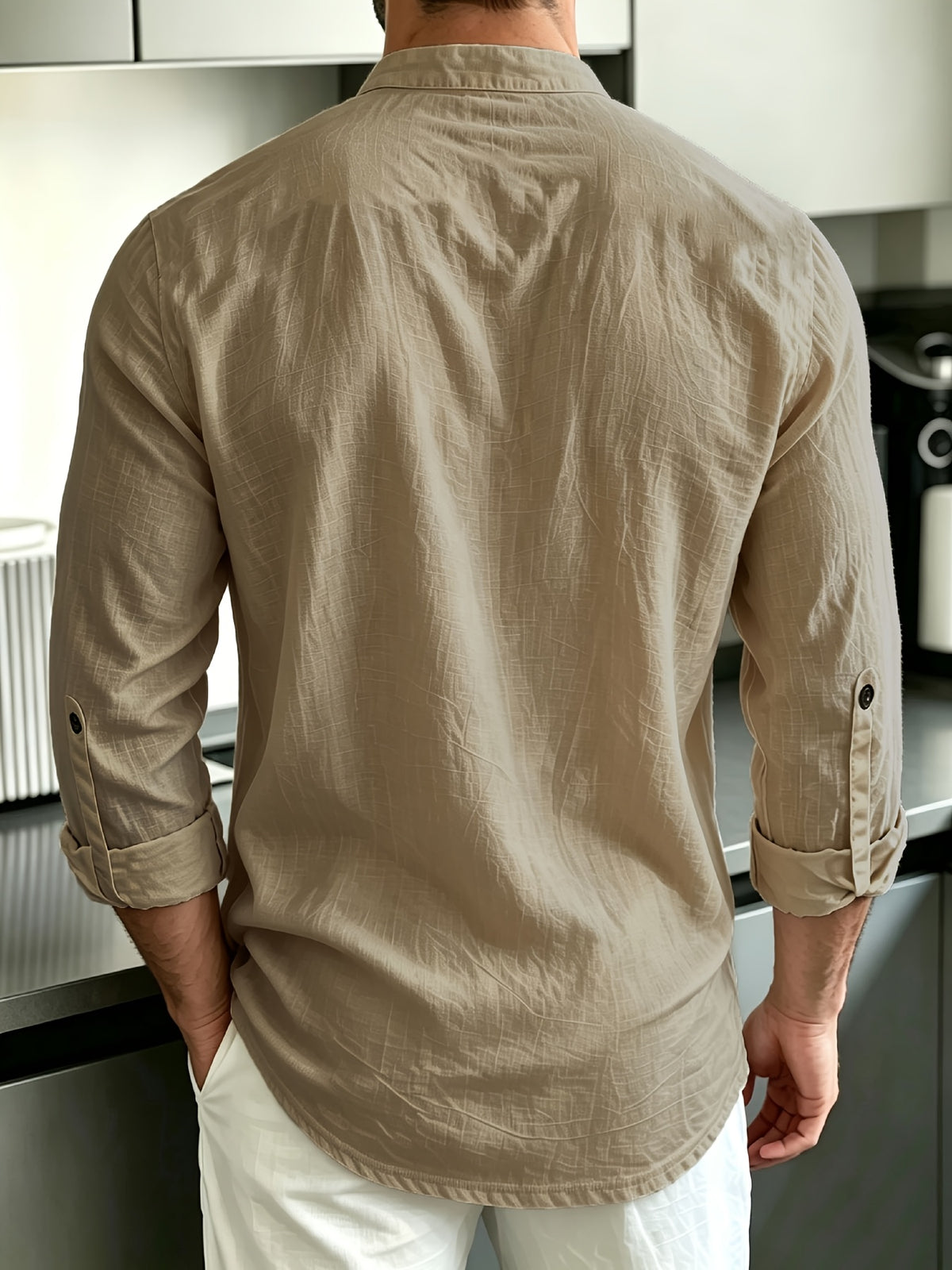 [Know And Give OBM] Men'S Solid Color Stand-Collar Linen Long Sleeve Shirt, Semi-Open Front Design, Roll-Up Sleeve Style | Casual Commute, Short Vacation, Leisure Gatherings | Men'S Versatile Top - Khaki