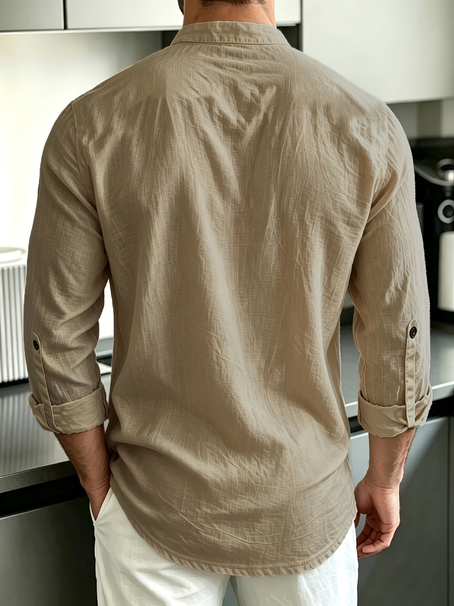 [Know And Give OBM] Men'S Solid Color Stand-Collar Linen Long Sleeve Shirt, Semi-Open Front Design, Roll-Up Sleeve Style | Casual Commute, Short Vacation, Leisure Gatherings | Men'S Versatile Top - Khaki