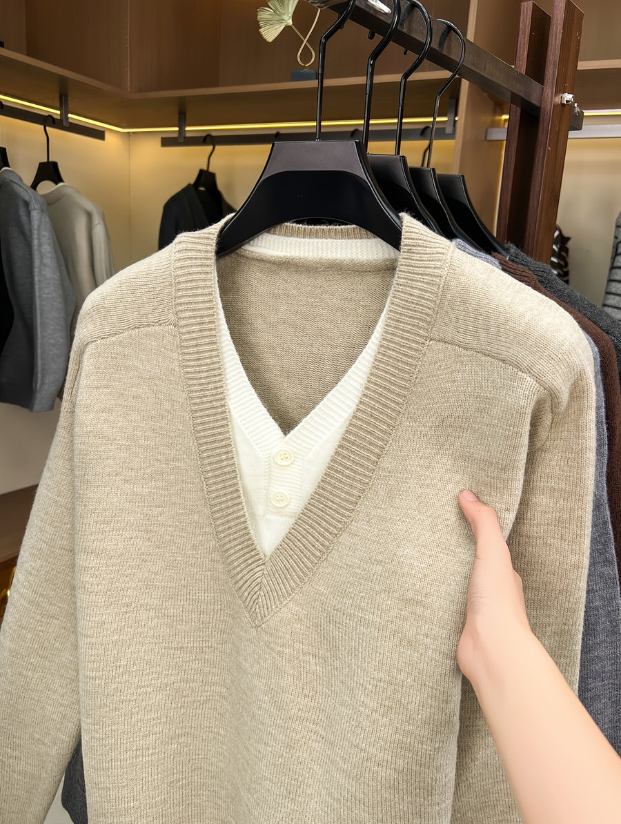Autumn Winter New Faux Two-Piece Knit Sweater Retro Color-Block V-Neck Sweater Loose Double-Button Long Sleeve Pullover Business Casual All-Match Warm Base Layer Top Men'S Clothing - Apricot