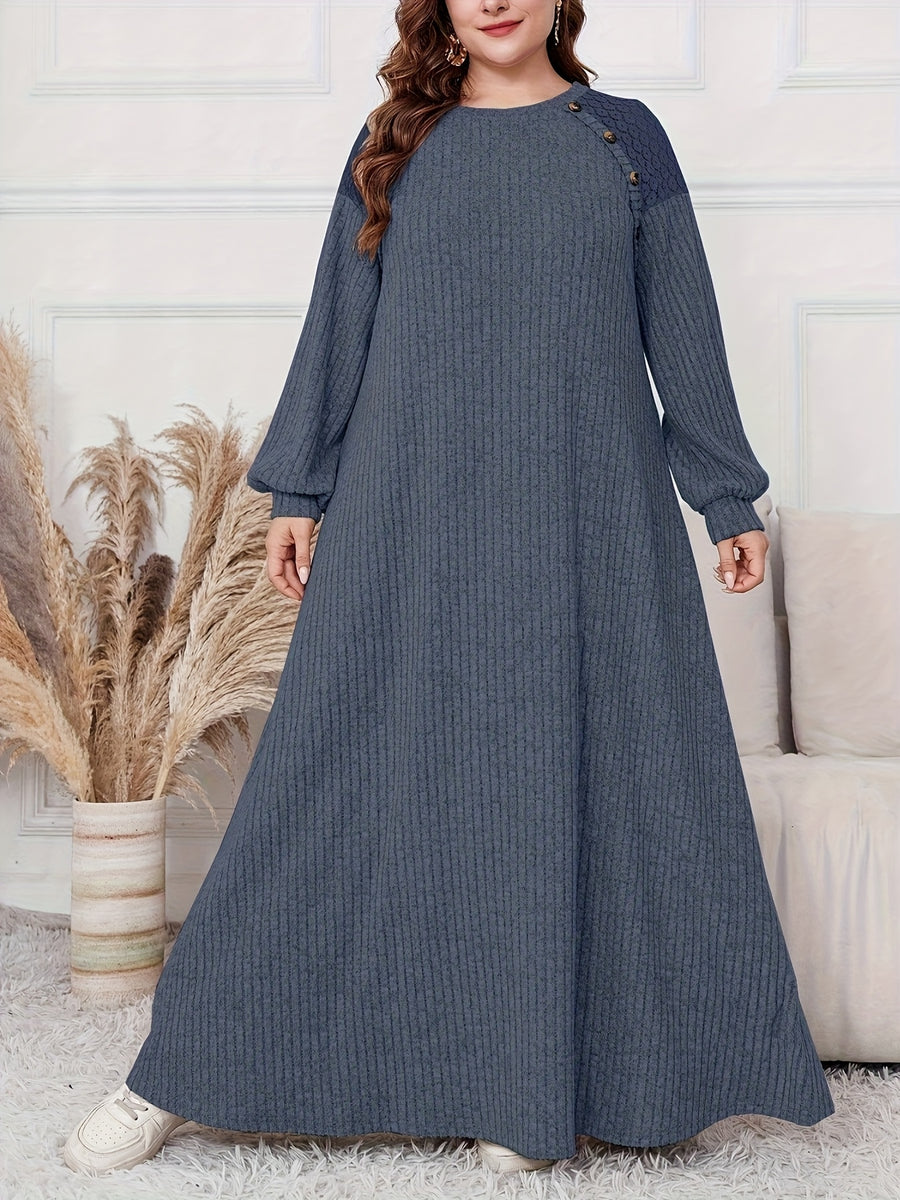 Plus Size, Women's Plus Size Elegant Maxi Dress - Long Sleeve Round Neck H-Line Dress with Wide Hems, All-Season -Length Gown for Weddings, Parties & Casual Attire, Machine Washable (Middle East Collection) - In Stock - Navy Color