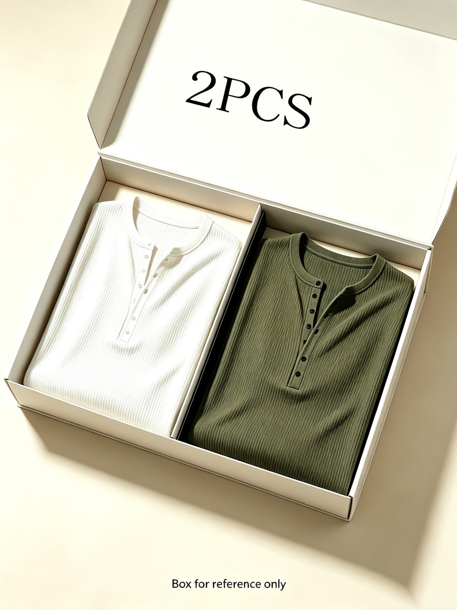 2pcs Men's Long Sleeve Vertical Rib Knit Henley Shirt, Slim Fit with Waist Taper to Highlight a Masculine Silhouette, Breathable and Skin-Friendly, Not Stuffy, High-Stretch Vertical Ribbed 7-Button Placket Versatile Top, Suitable for Daily Casual - white+army green