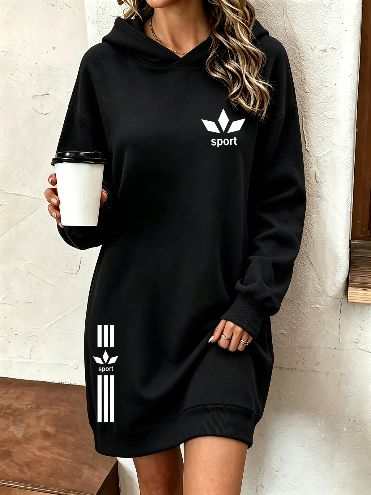 Long Printed Hooded Sweatshirt Dress Women'S Autumn Winter Thickened Fleece Top Women'S Versatile Loose Casual Long Sleeve Hoodie - Black