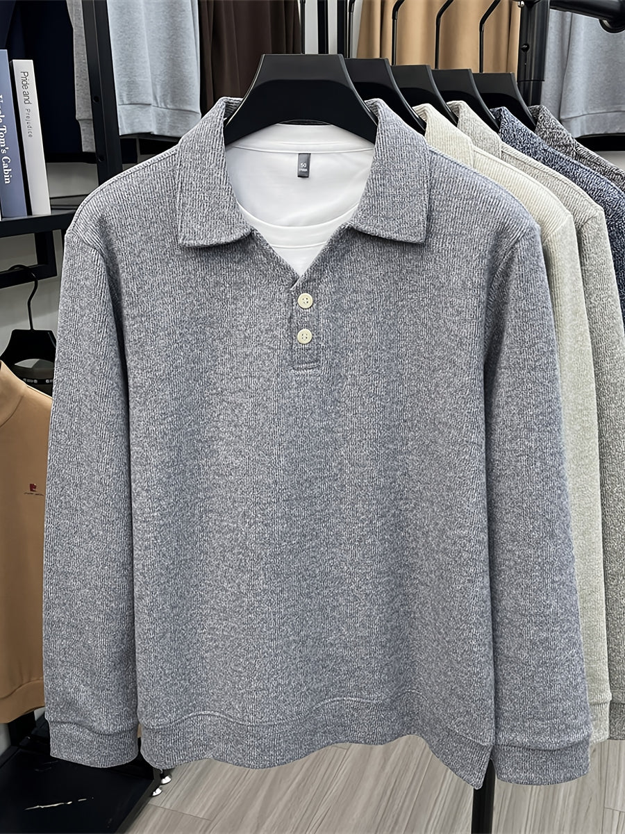 New Autumn/Winter Men's Pullover, Faux 2pcs Long Sleeve Lapel Knit Sweater, Geometric Pattern Men's Button-Up Sweater, Business Casual Fashion Versatile Solid Color Men's Top, Suitable for Daily Outings in Spring and Autumn, Men's Gift, First Choice - Light Grey