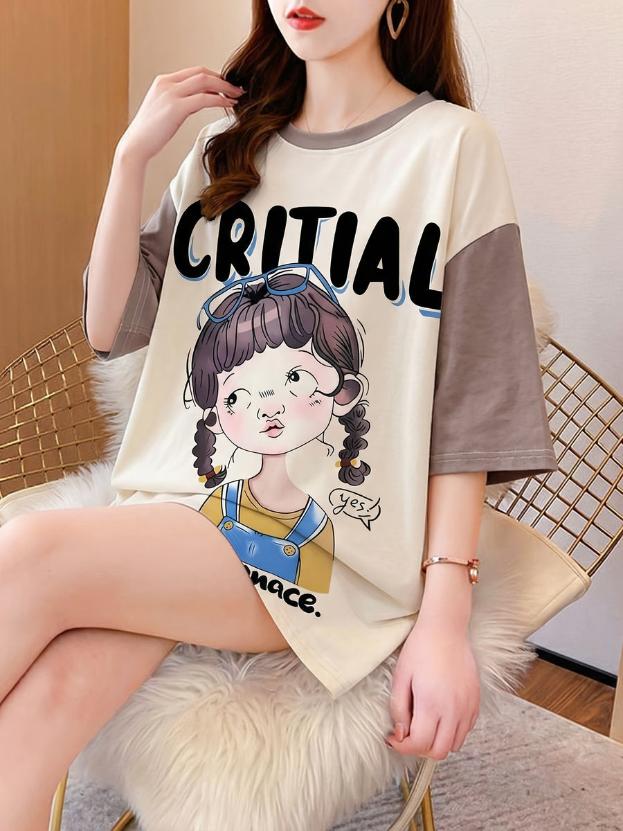 Summer New Fashion Trend Large Size Women'S Slim Loose Medium Long Cartoon Short-Sleeved T-Shirt - Khaki