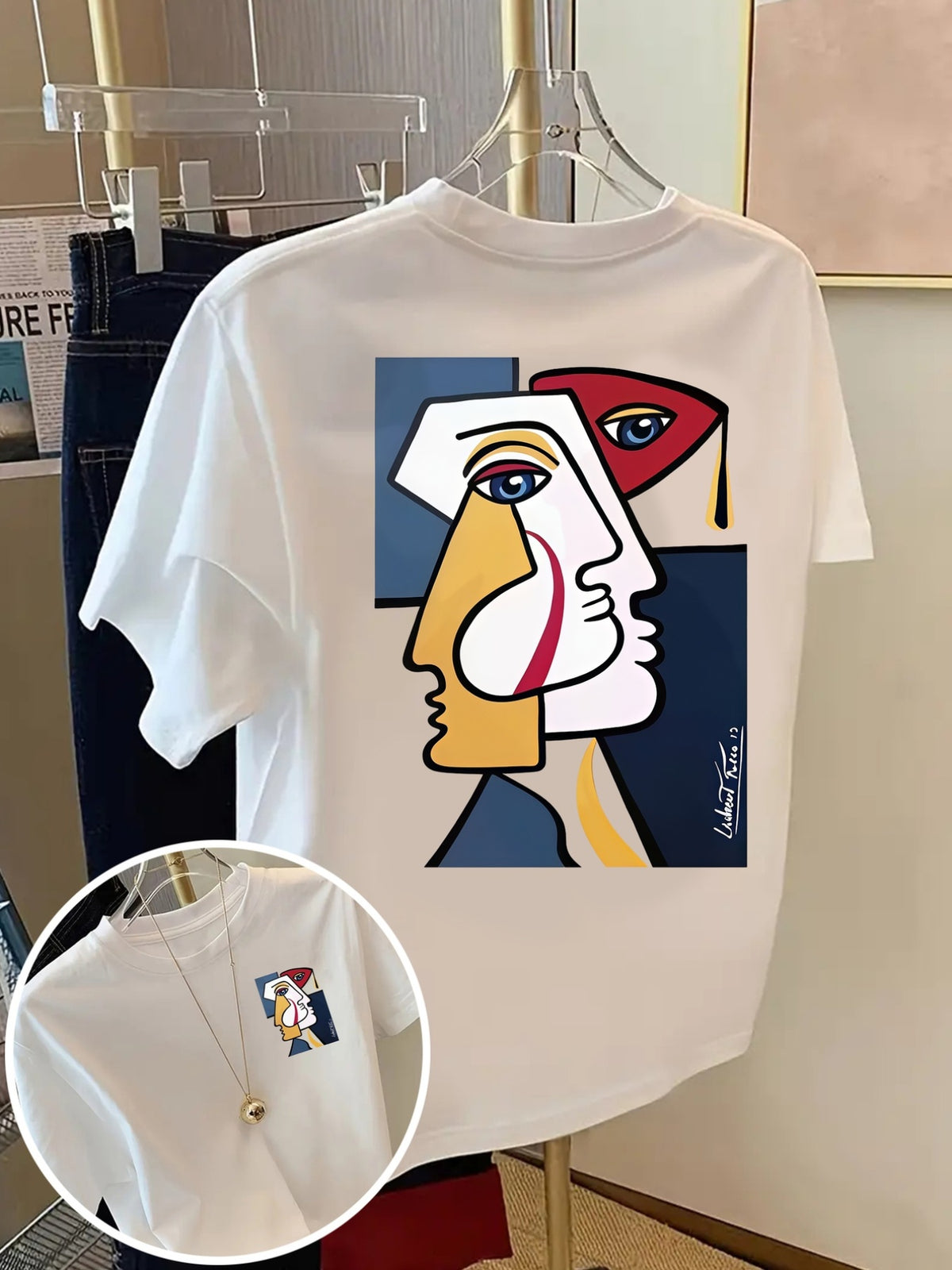 Front And Back Short Sleeve T-Shirt Cubism, Picasso Style Fashion Print Women'S Spring And Summer Trendy Printed T-Shirt, Fashionable And Trendy Item - White