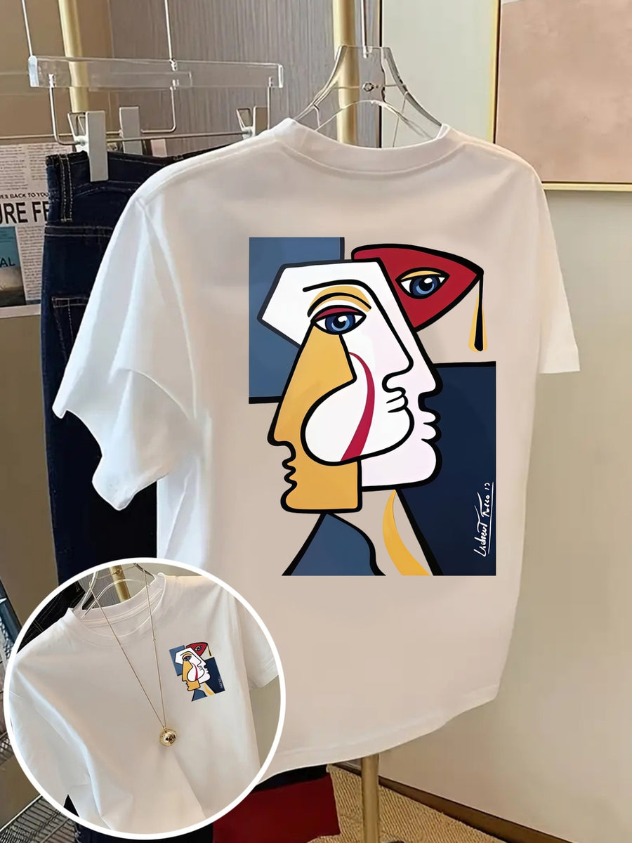 Front And Back Short Sleeve T-Shirt Cubism, Picasso Style Fashion Print Women'S Spring And Summer Trendy Printed T-Shirt, Fashionable And Trendy Item - White
