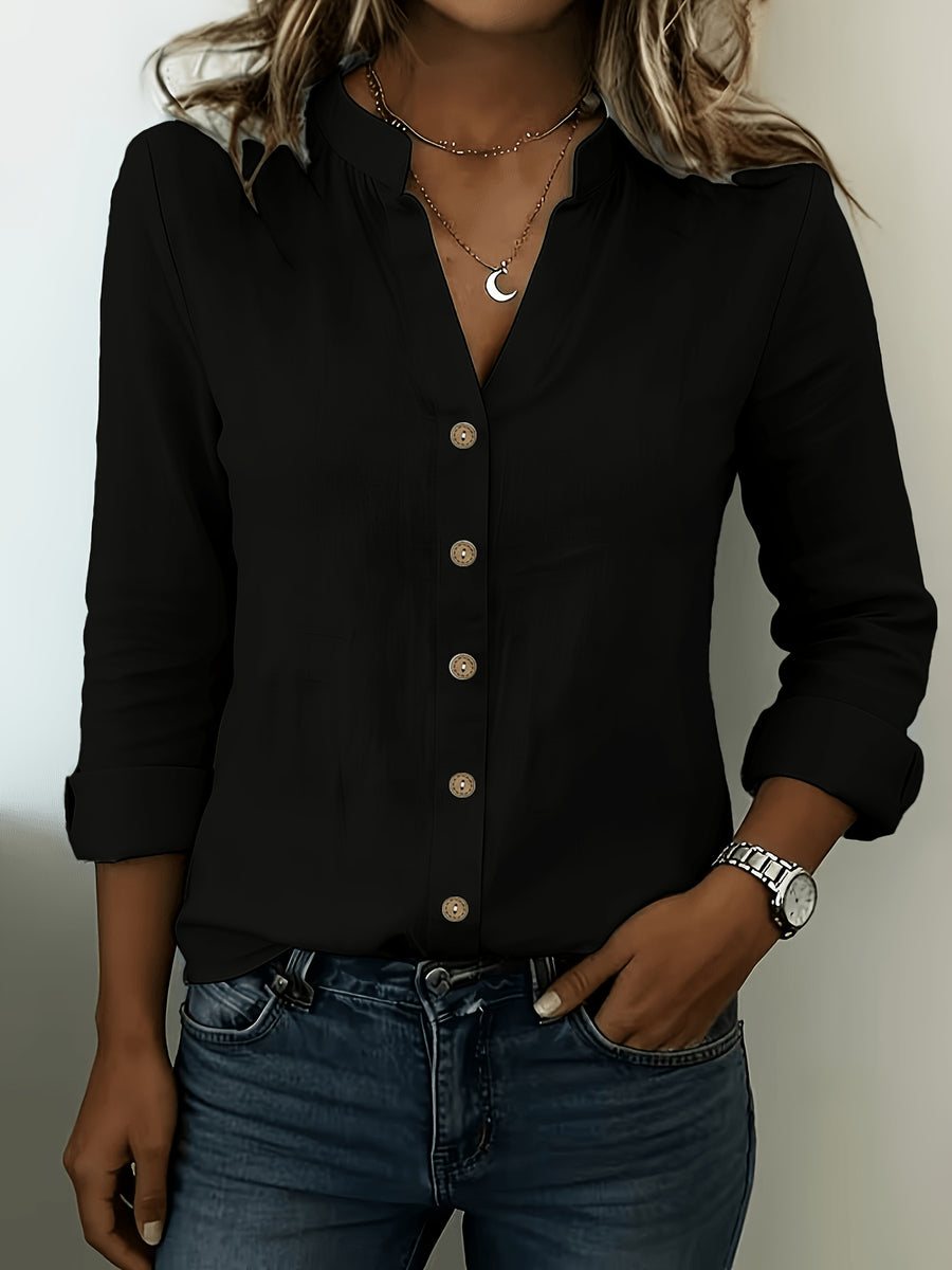 According ToFashionable V-neck Bamboo-joint Style Women's Long-sleeved Shirt - Black
