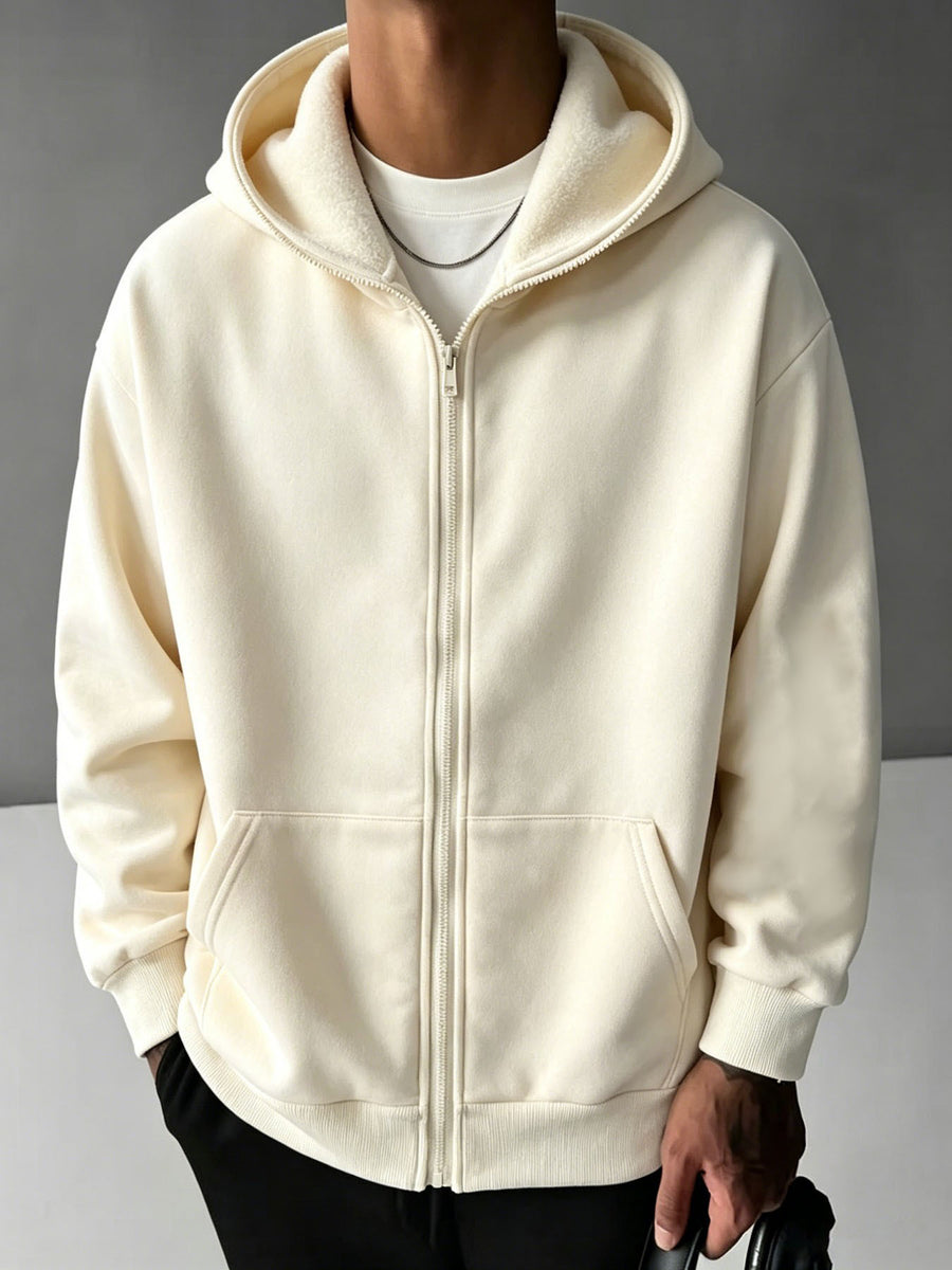 New Men'S Solid Color Autumn Winter Casual Athletic Top Men'S Hooded Zipper Sweatshirt - Apricot