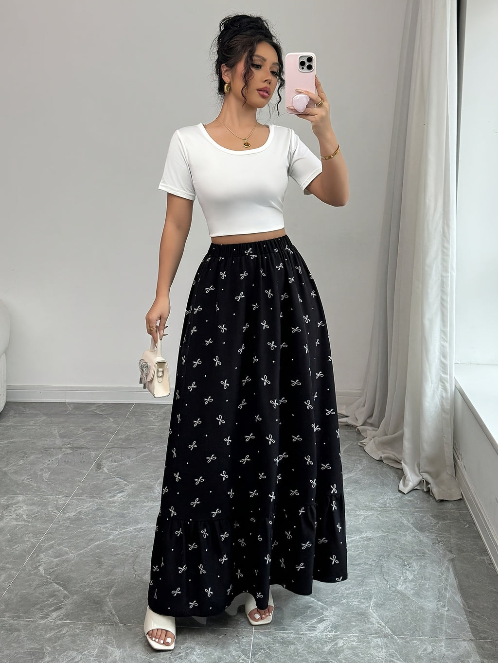 3125# Printed Bow Elastic Waist Long Skirt, Suitable for Outings And Casual Shopping - Black