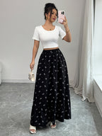 3125# Printed Bow Elastic Waist Long Skirt, Suitable for Outings And Casual Shopping - Black