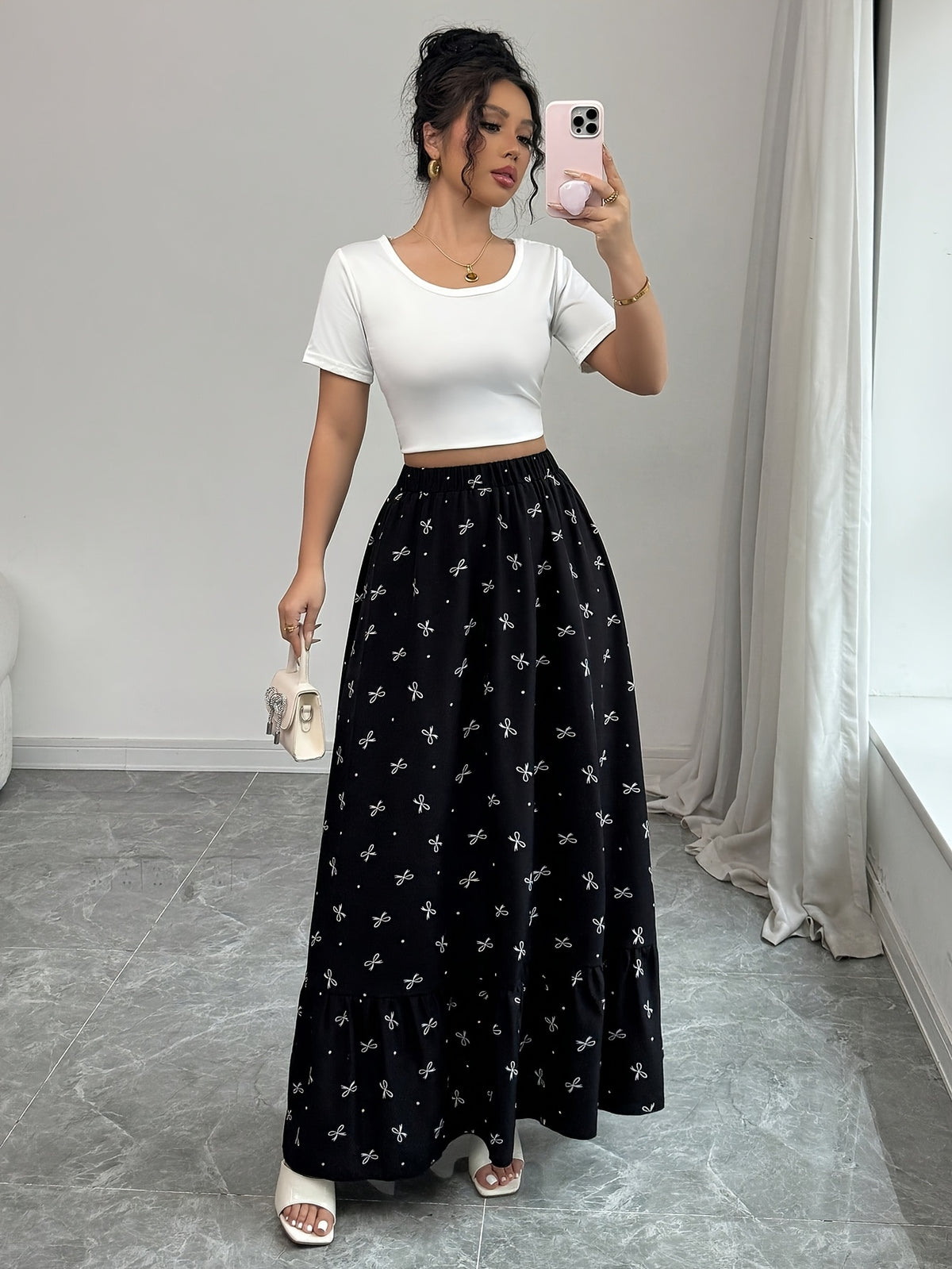 3125# Printed Bow Elastic Waist Long Skirt, Suitable for Outings And Casual Shopping - Black