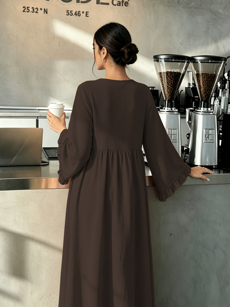 Round Neck Long Dress with Ruffled Flared Wide Sleeves, Soft Lightweight Breathable Fabric Loose Swing Style Dress for Women Daily Home And Outdoor Casual Matching - Coffee Color