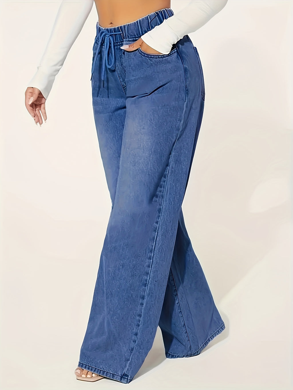 A Women's Fashionable Denim Straight Leg Pants with Elastic Waistband, Loose, Soft and Comfortable, Slanted Pockets, Classic  Color, Versatile for All Seasons - Deep Blue