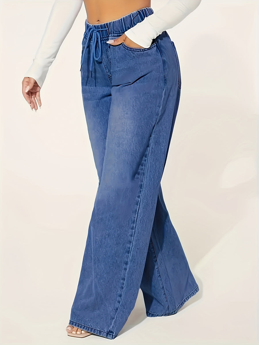 A Women's Fashionable Denim Straight Leg Pants with Elastic Waistband, Loose, Soft and Comfortable, Slanted Pockets, Classic Color, Versatile for All Seasons - Deep Blue