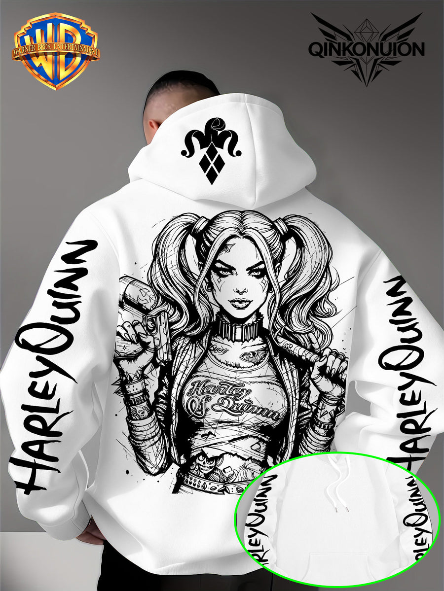 Warner Official Men'S Hoodie, Black And White Thread Draft Double Ponytail Quinn Hardcore Comic Print Design, Machine Washable, Warm And Casual for Autumn And Winter, Daily Drawstring Hoodie, Multi-Functional Sports And Leisure Loose Fit - White