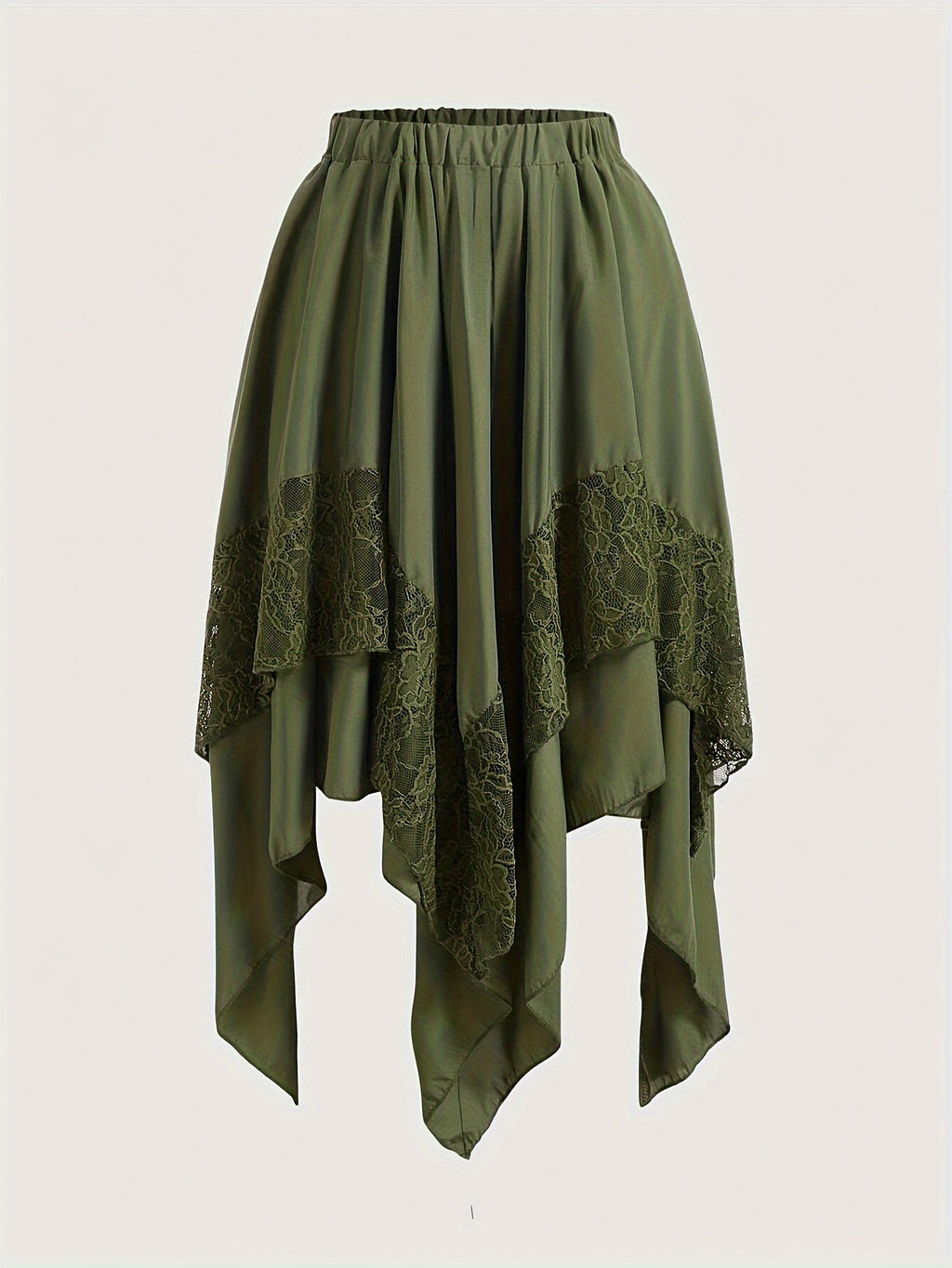Skirt with Lace Patchwork, Irregular Design, Flared Hem, Women'S Half Skirt - Army Green