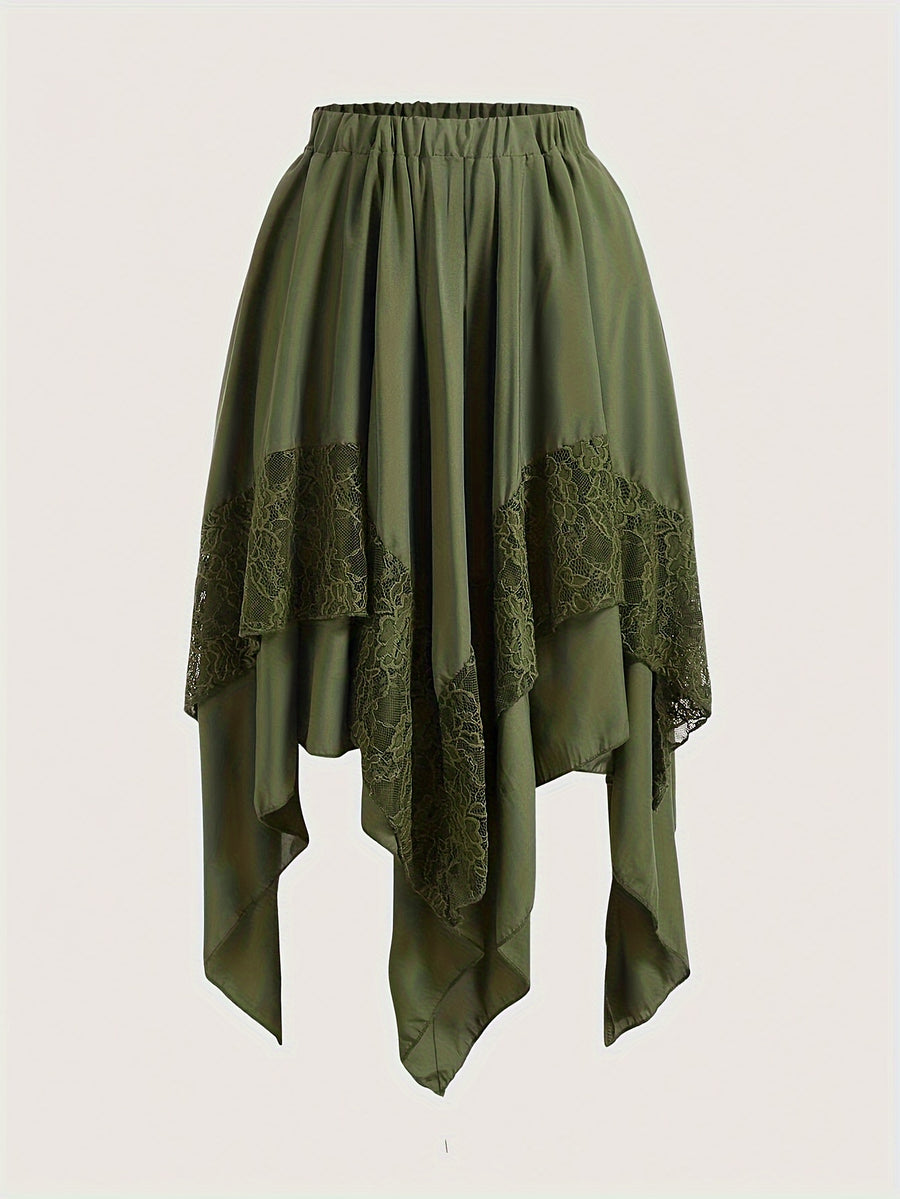 Skirt with Lace Patchwork, Irregular Design, Flared Hem, Women'S Half Skirt - Army Green