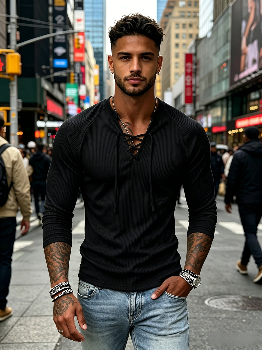 Men'S 2pcs Cross-Lace V-Neck Henley Shirt Long Sleeve T-Shirt Interlock Ribbed Elastic Skin-Friendly Breathable Fabric Off-Shoulder Slim Fit Slimming Top - Black+Light White