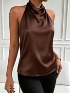 Elegant and Sexy Halter Neck Backless Top, Suitable for Summer Dates, Parties, Commuting, and Casual Fashion. Versatile and High-end, This Short-length Top Accentuates Your Figure with a Vintage Style - Coffee Color