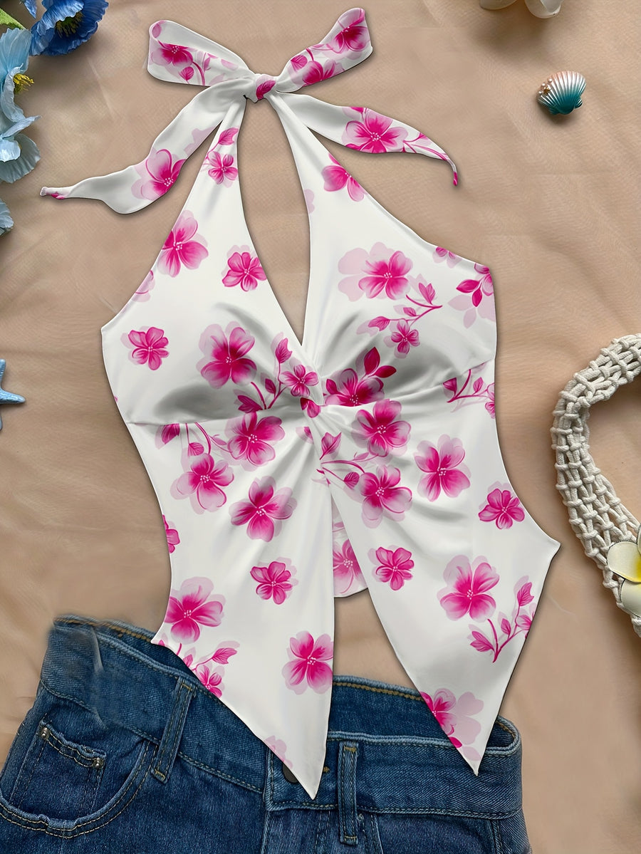 Women'S Spring/Summer Fall Boho Beach Vacation Outfits Marine Floral Leopard Print Trim Bustier Slim Fit Camisole Halter Top, Y2K Vintage Concert Outfit - Rose Red