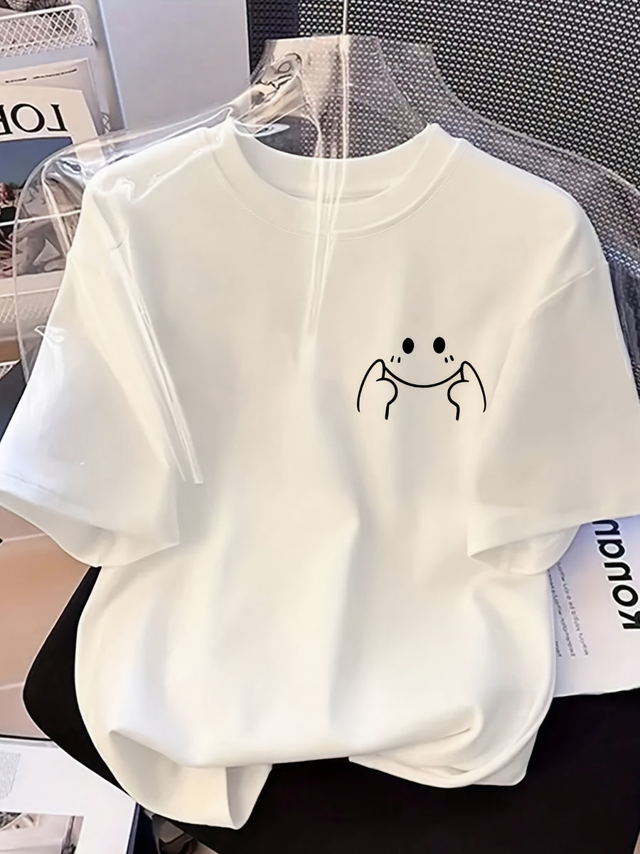 Women's High-Elastic Blouse T-Shirt Suitable for Café Visits, Picnic & Home Wear - Minimalist Smiling Face Print Round Neck Top, Machine Washable Non- Shirt for - Casual Outfits (Age-Reducing Versatile Wardrobe Staple) - White