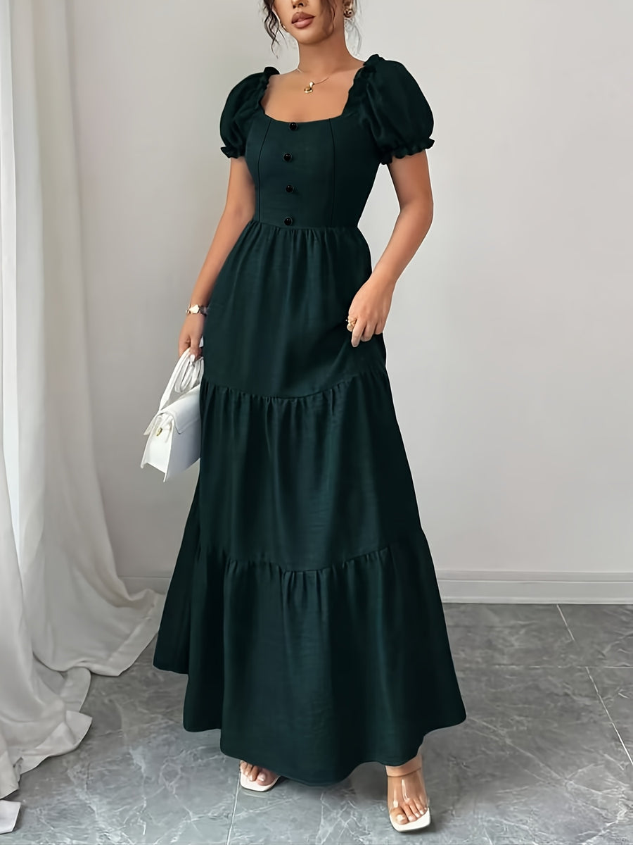 Women's Elegant -Line Bridesmaid Dress with Square Neck & Puff Sleeves - High-Waisted Cinched Waist Layered Ruffle Hem Dress Suitable for Weddings, Prom, Church, Daily Wear, Machine Washable Wedding Dress - Dark Green