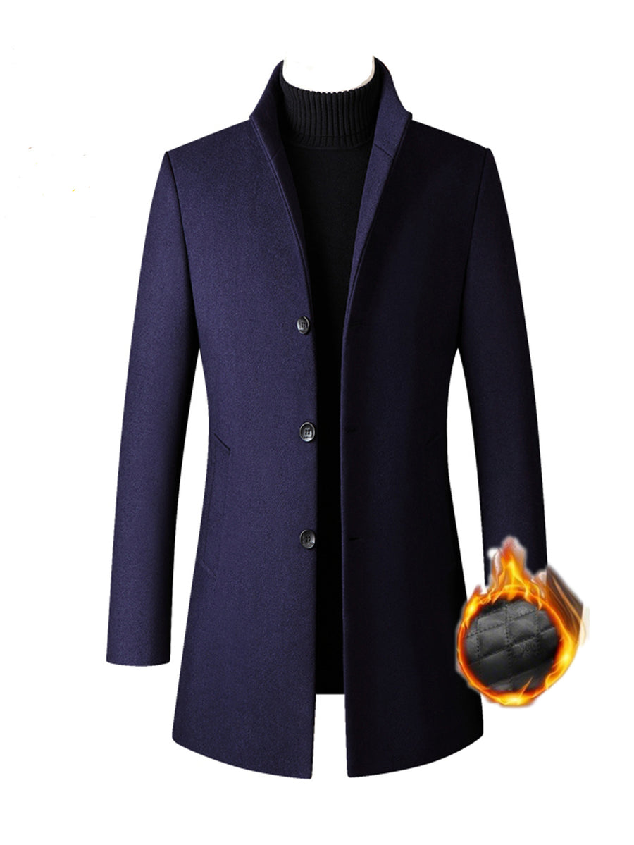 Autumn Winter Thick Warm Windproof Solid Color Stand Collar Coat, Classic Easy Retro Casual All-Match British Old Money Style Elegant Gentleman Jacket - Navy Color