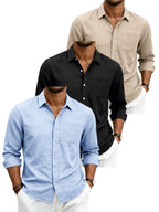 Men'S Linen Long Sleeve Collar Button-Up Shirt 3pcs Set, Casual Lapel Pocket Top, Lightweight Breathable Loose Fit, Suitable for Men'S Beach Vacation And Daily Wear - Mixed Color 1