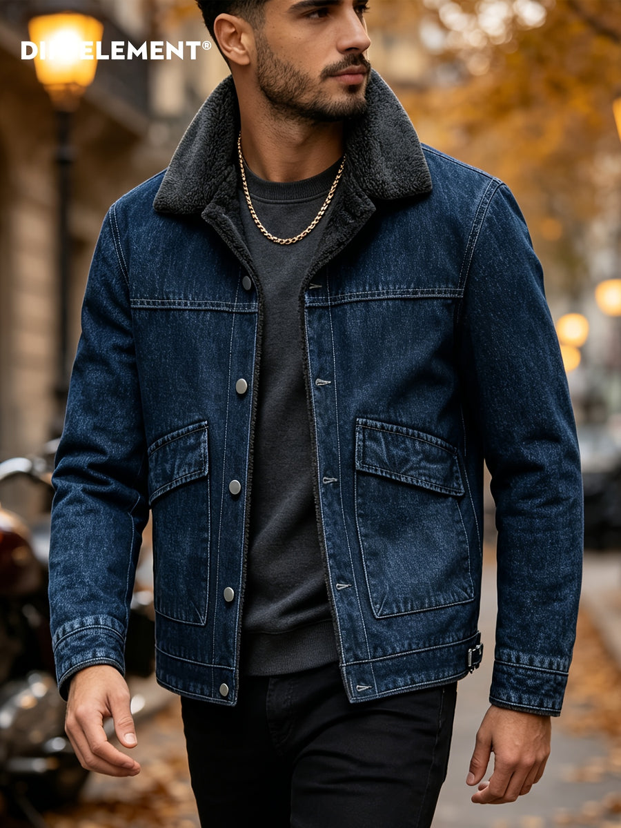 Men's Lapel Fleece-Lined Denim Jacket, Thickened for Locking in Heat, Windproof, Warm, and Cold-Resistant. Washed Denim Fabric with Composite Lining, Contrast Color Topstitching, Workwear Straight-Leg Fit. Autumn/Winter Streetwear Commuting Vintage - Blue