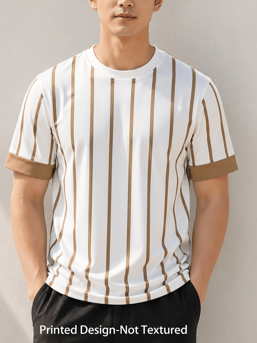 Men'S White Vertical Stripe T-Shirt with Brown Line Print - Lightweight Breathable Crew Neck Short Sleeve, Suitable for Gym & Casual Wear, Machine Washable Summer Street Style Top, Athletic Regular Fit for Outdoor Activities - White