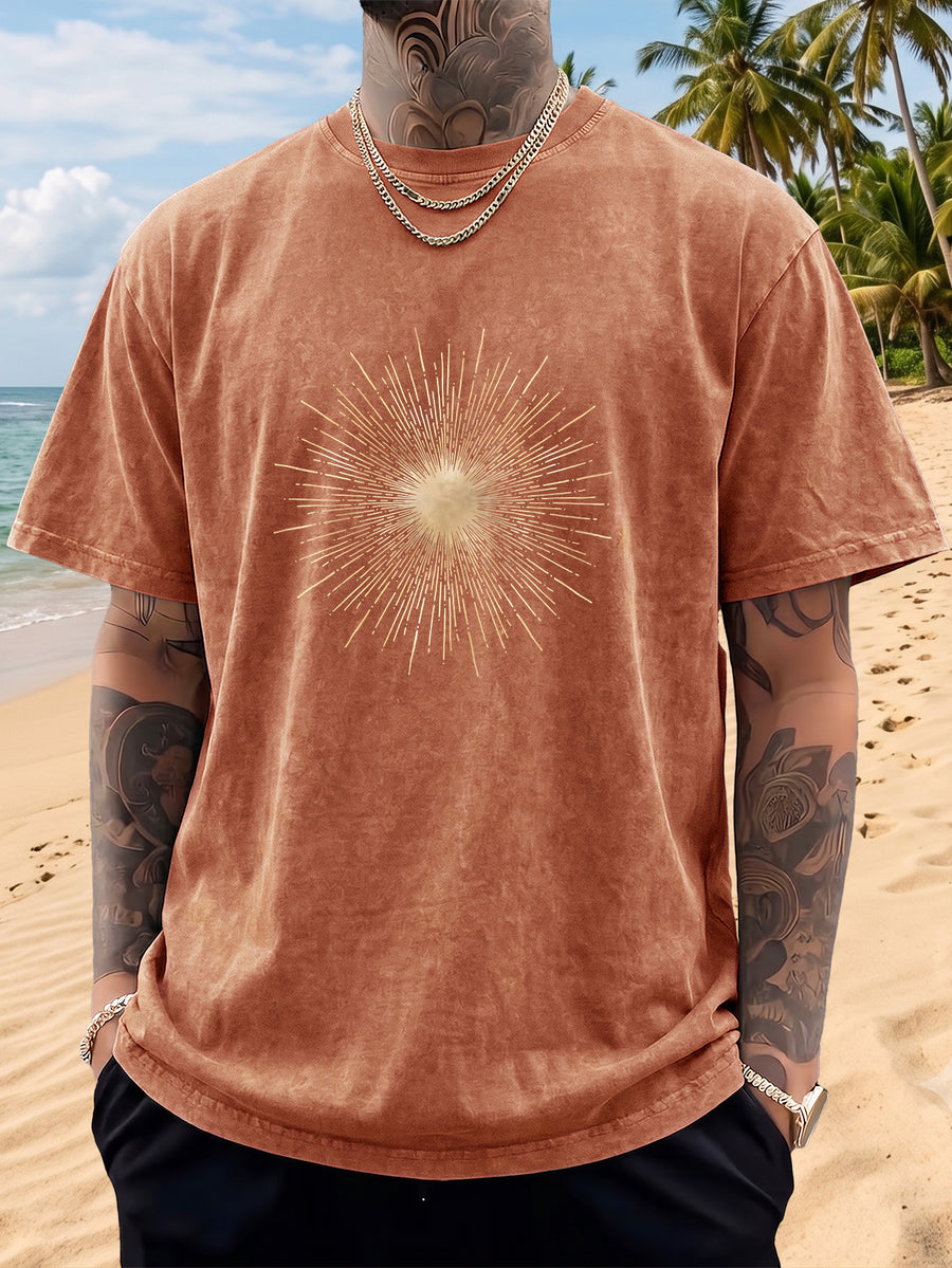 Men's Short-Sleeve T-Shirt, Pure Cotton, Loose Fit, Washed and Distressed, Sunburst Starlight Pattern, Trendy Reverse Double-Sided Print, Multiple Colors for Mix and Match, American Streetwear Hip-Hop High Street Top, for Daily Outings - Orange