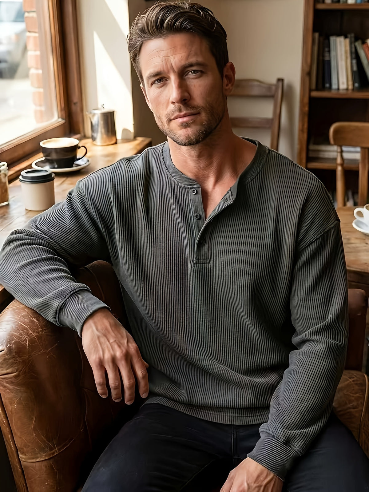 Men'S Casual Outdoor Fashion Versatile Solid Color Long Sleeve Henley Shirt - Casual Leisure - Outdoor Streetwear - Essential for Home And Travel - Dark Gray