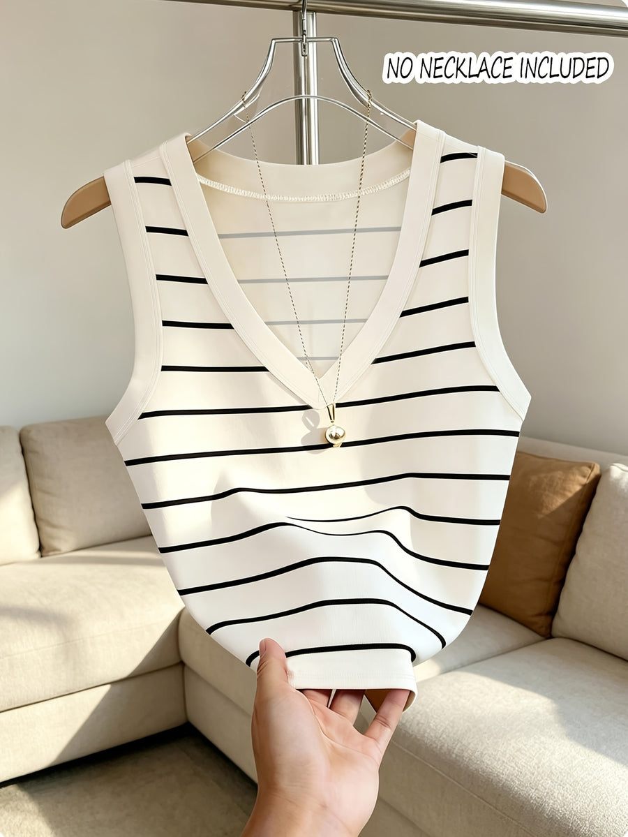 Summer Easy Breathable V-Neck Striped Sleeveless Vest Top for Women, Slim Fit, Can Be Worn Outside Or As a Base Layer, Casual Fashion Commuter Style, Bottoming Shirt - Stripe