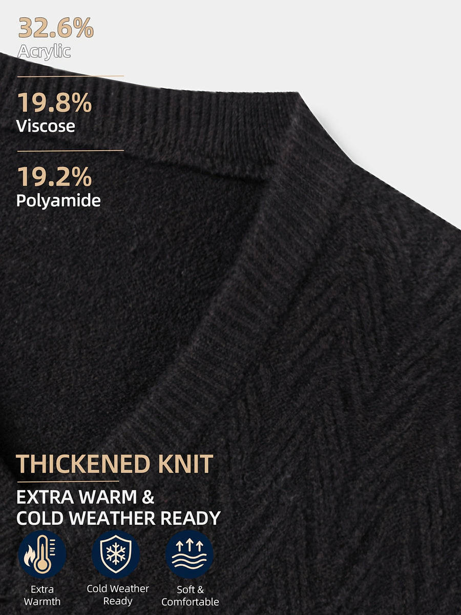Men's Autumn & Winter Knitted Sweater Vest, Classic V-Neck with Raised Herringbone Texture, Thick & Warm, Timeless Refined Style for Work, Casual Wear, Outdoor Activities & Camping, Ideal Gift for Dad or Husband - Black