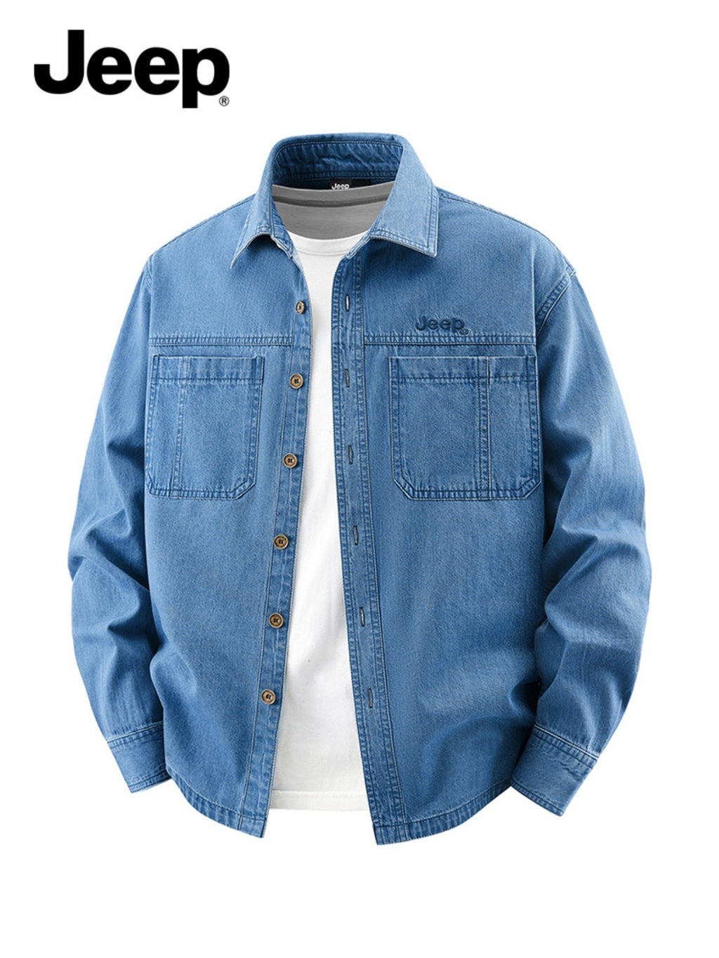 Jeep Cotton Denim Long Sleeve Shirt for Men Embroidered Logo Lapel Button Double Chest Pockets Wrinkle-resistant Stylish Light Business Casual - Dark Blue 1
