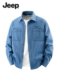 Jeep Cotton Denim Long Sleeve Shirt for Men Embroidered Logo Lapel Button Double Chest Pockets Wrinkle-resistant Stylish Light Business Casual - Dark Blue 1