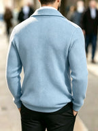 Men'S Spring Autumn New Waffle Check Blazer Collar Cardigan Single Button Double Pocket Business Casual All-Match Long Sleeve Knit Jacket, Soft Comfortable Fashion Solid Color Outerwear Suitable for Daily Outings, Dates, Holidays, And Travel - Light Blue