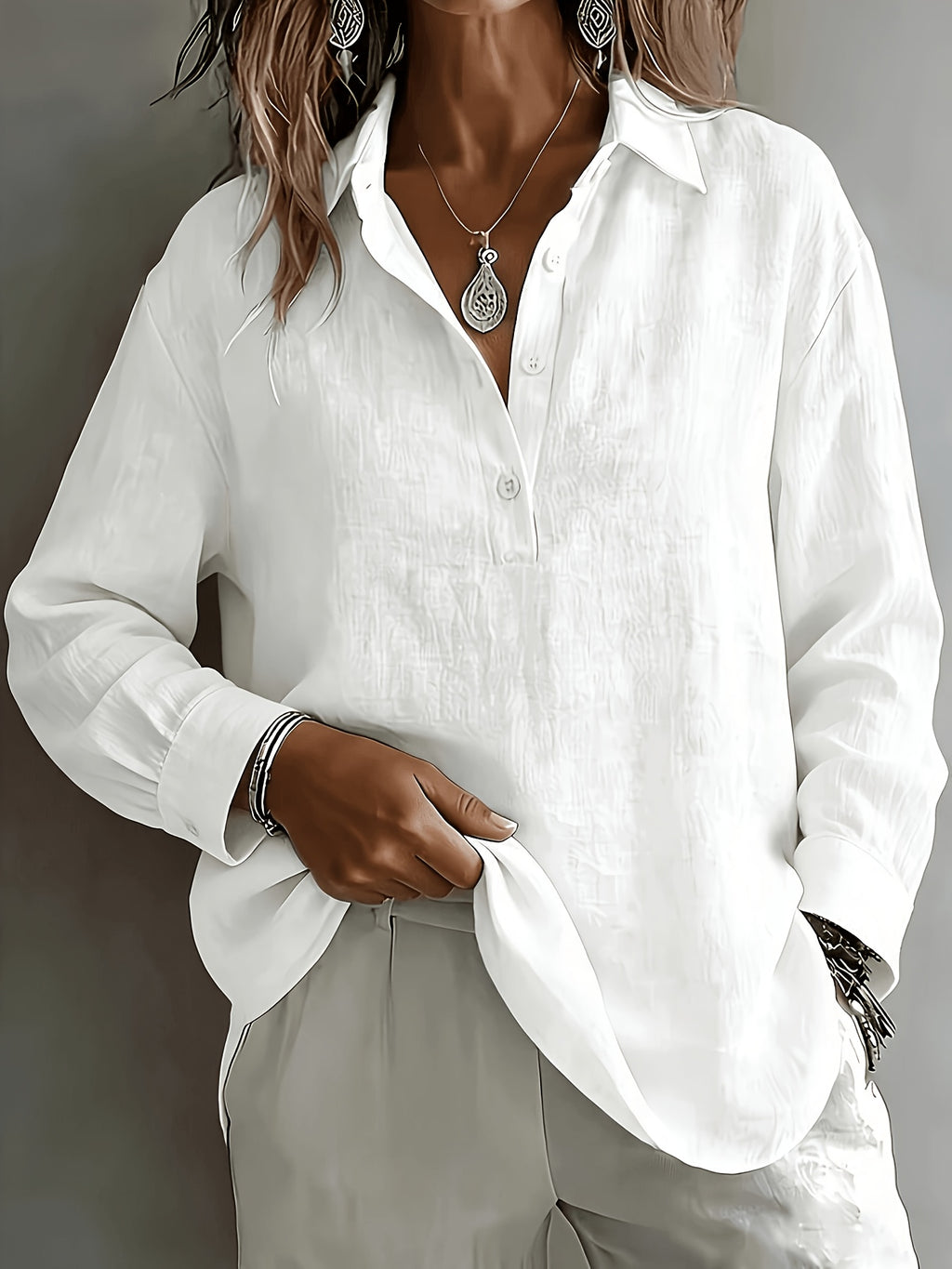 Solid Color French Loose Semi-Open Collar Shirt Women'S Lazy Style Long Sleeve Casual Blouse Office Top - White