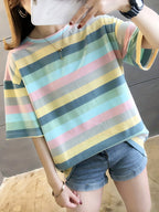 Women's Plus Size Loose Fit Cartoon Print T-Shirt - Pastel Color Block Short Sleeve Round Neck Top, Breathable Medium Stretch Fabric, Long Length Casual Summer Spring Fall Machine Washable, Ladies T Shirts, Trendy Streetwear, Relaxed Fit Tee - 2010-G